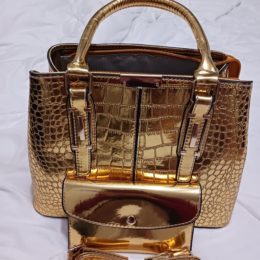 Gold Crocodile Embossed Women's Handbag